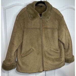 FU DA New York Jacket Coat Beige Faux Suede Buttons Pockets Sherpa Lined XL Warm